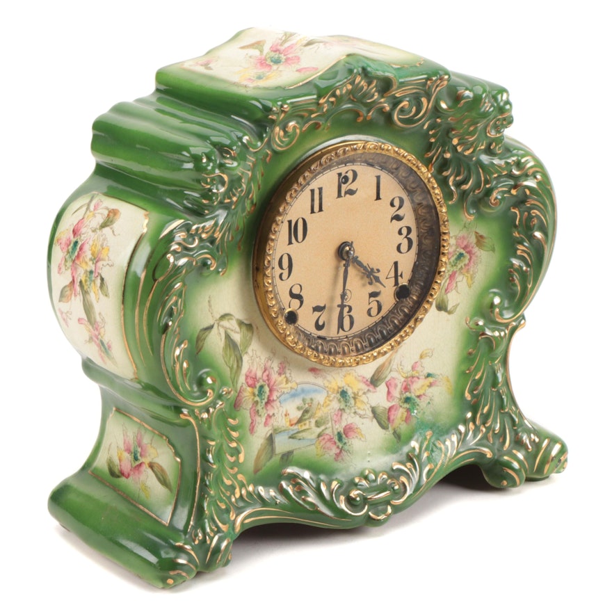 Gilbert No. 411 American Hand-Painted Porcelain Mantel Clock, 1904