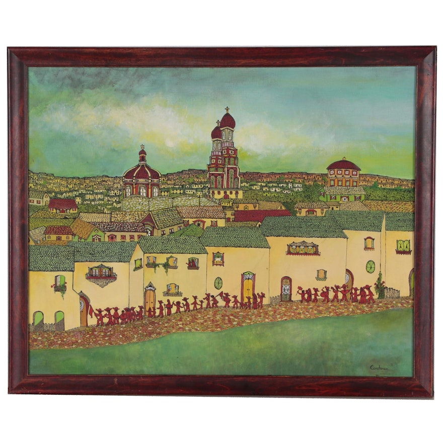 Folk Art Painting of Cityscape with Parade