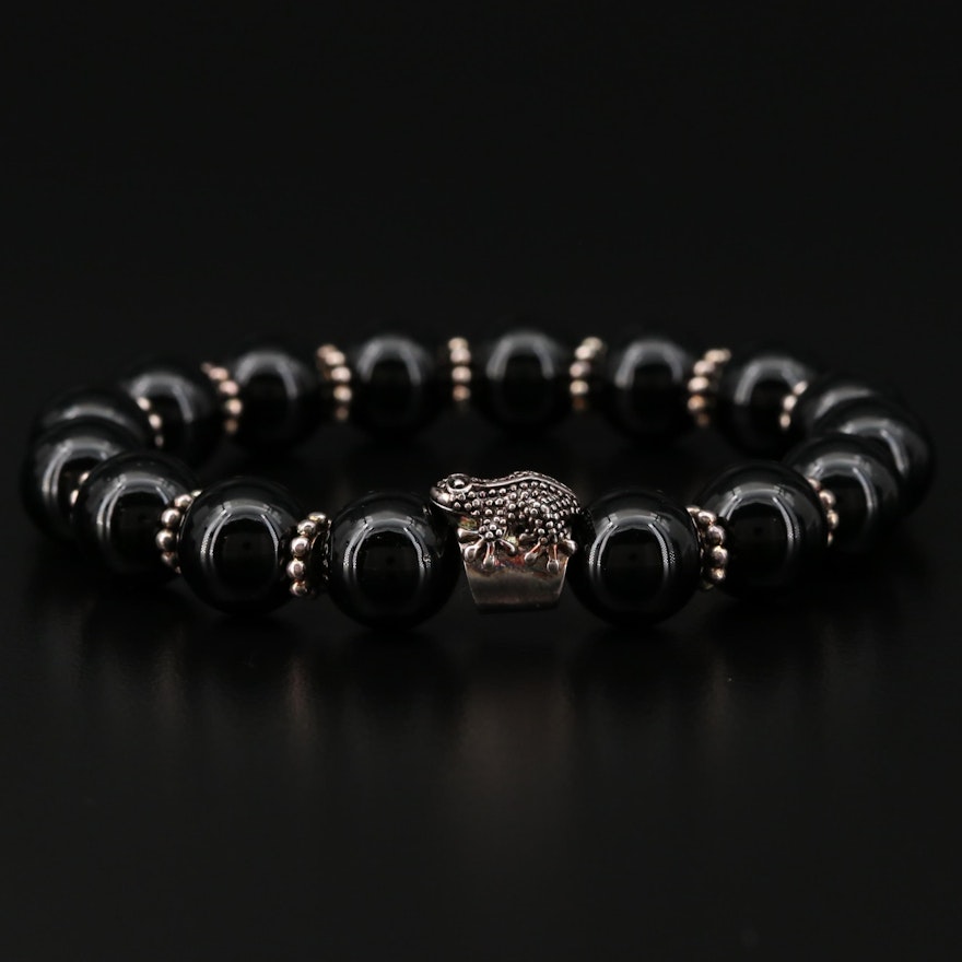 Sterling Silver Beaded Black Onyx Bracelet with Frog Accent