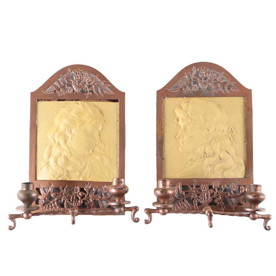 Copper Tone Metal Wall Candle Sconces with Figural Reliefs