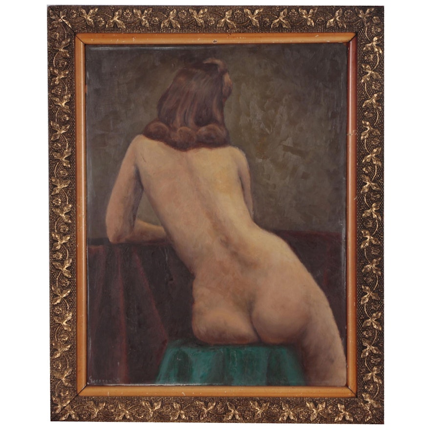C. Weston Figure Oil Painting of Seated Female Nude, Late 19th Century