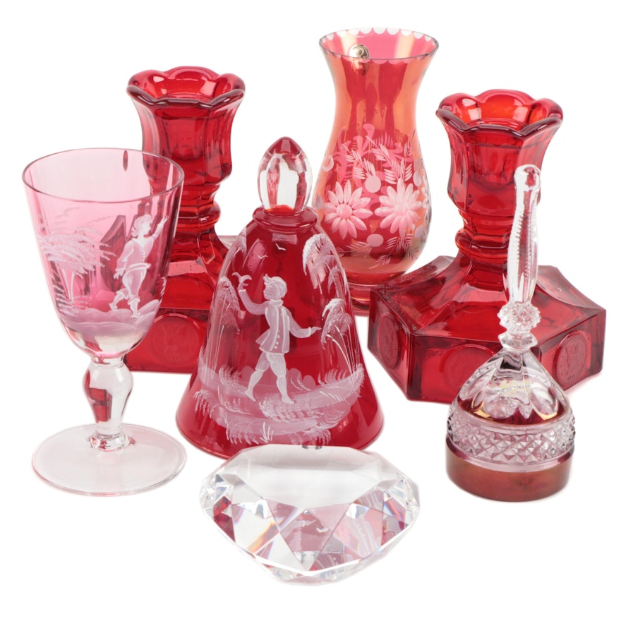 Fostoria "Coin" Glass Candle Holders with Other Etched Glass Accessories