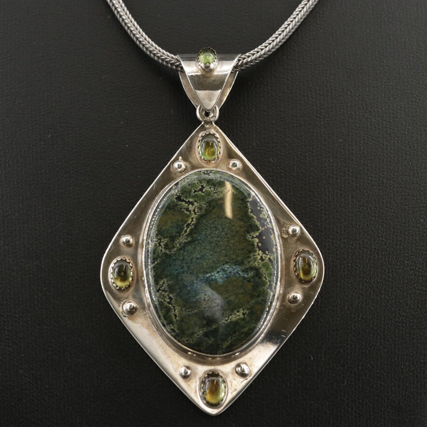 Southwestern Style Sterling Turquoise and Peridot Pendant Necklace
