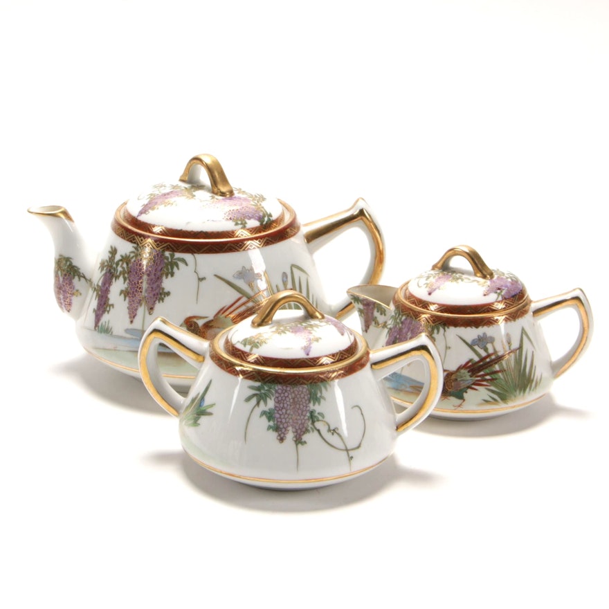 Japanese Satsuma Style Wisteria and Pheasant Painted Porcelain Teapot Set