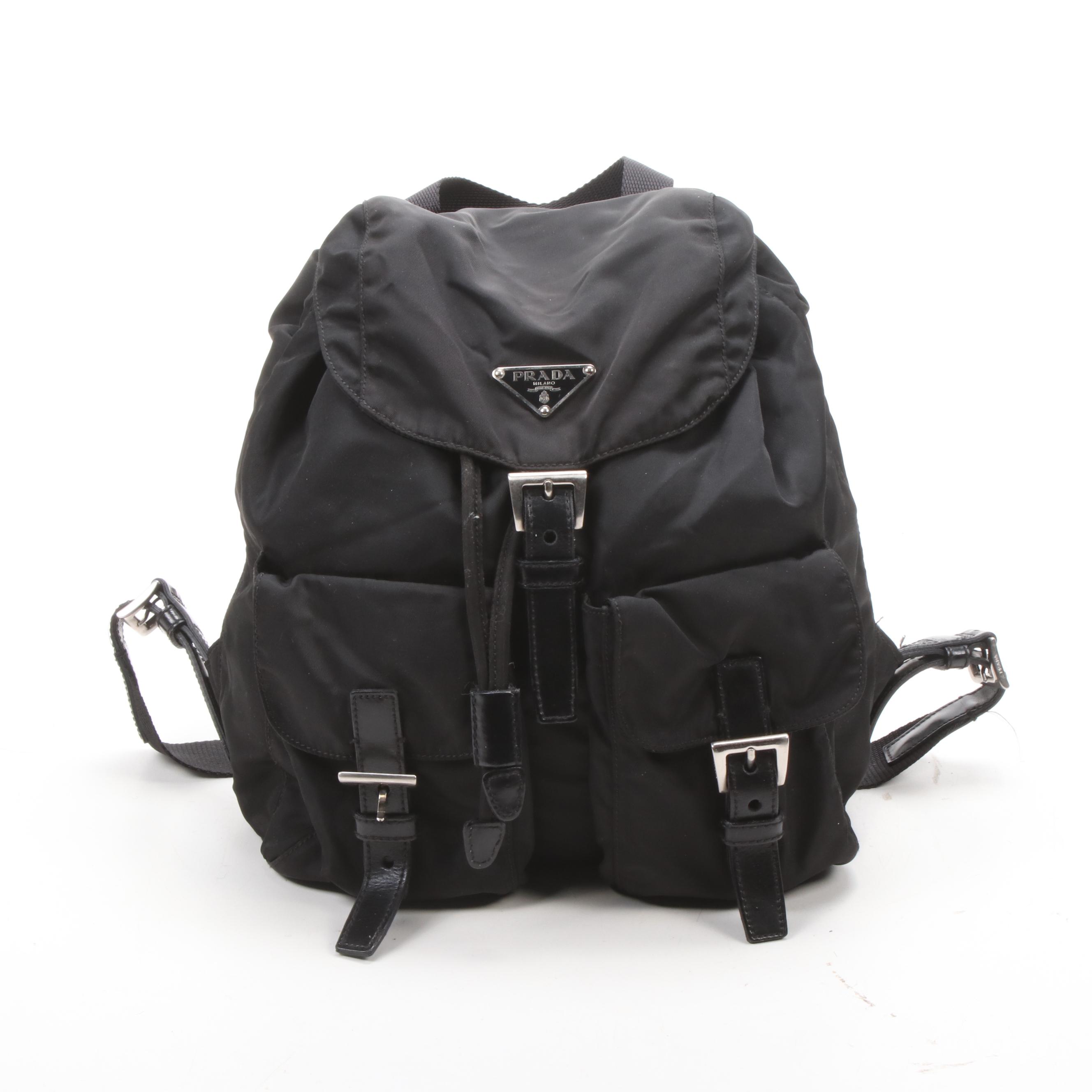 Prada Black Tessuto Nylon and Leather Backpack Purse