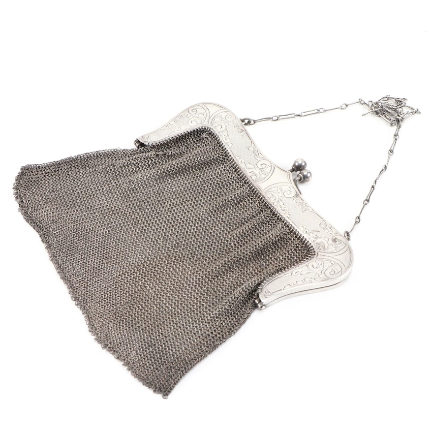 Sterling Silver Etched Frame Chainmail Mesh Evening Bag, Early 20th Century