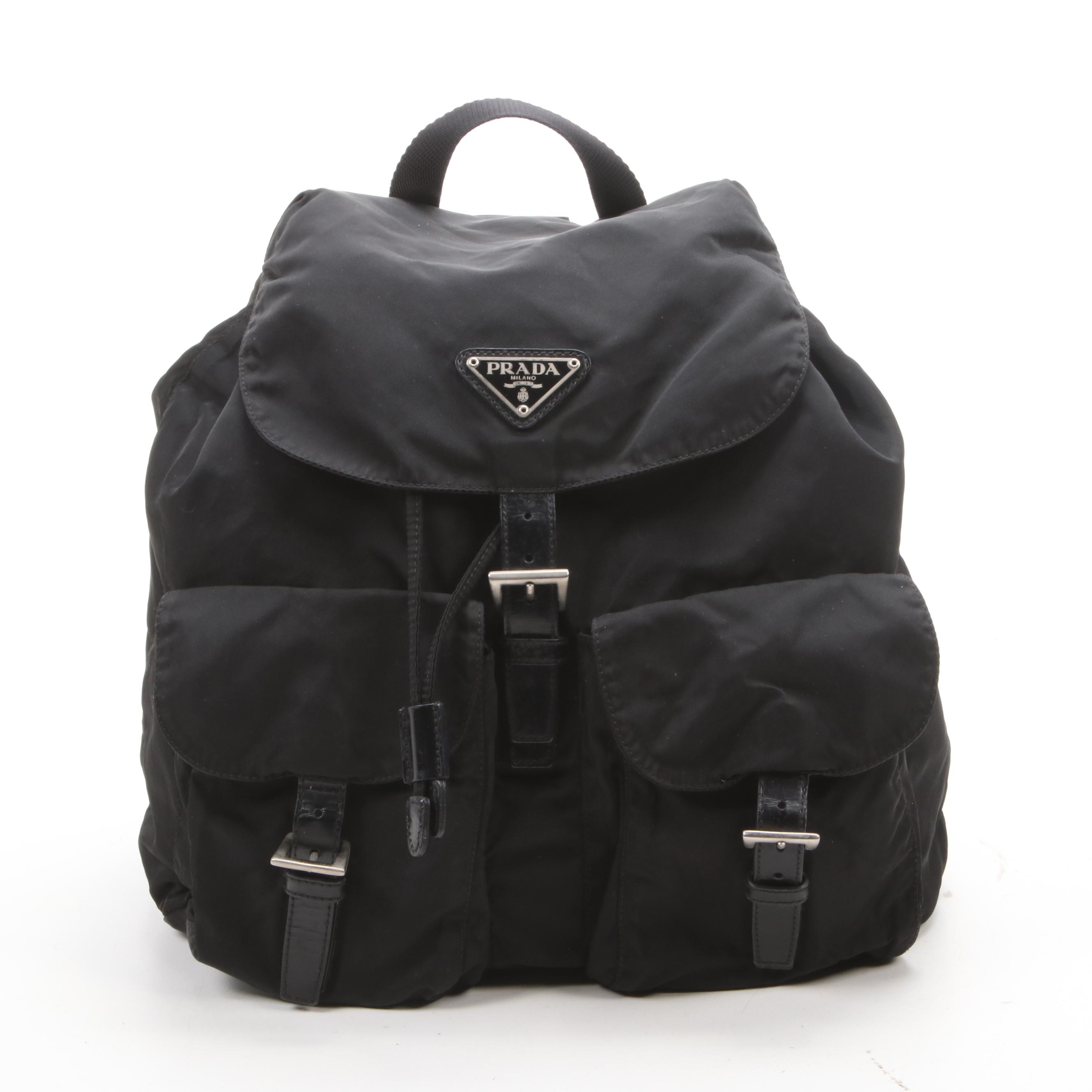 Prada Black Tessuto Nylon and Leather Backpack Purse