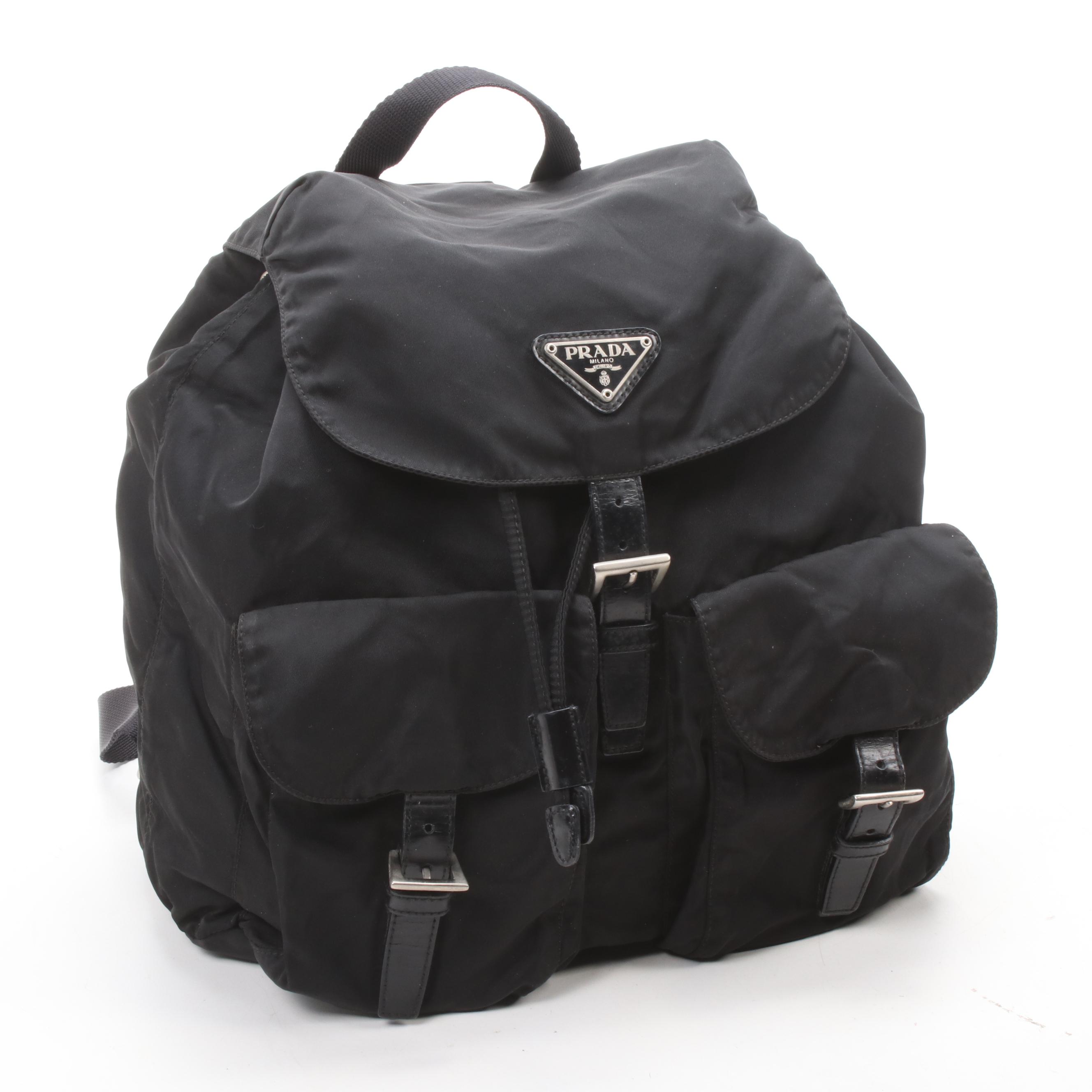 Prada Black Tessuto Nylon and Leather Backpack Purse