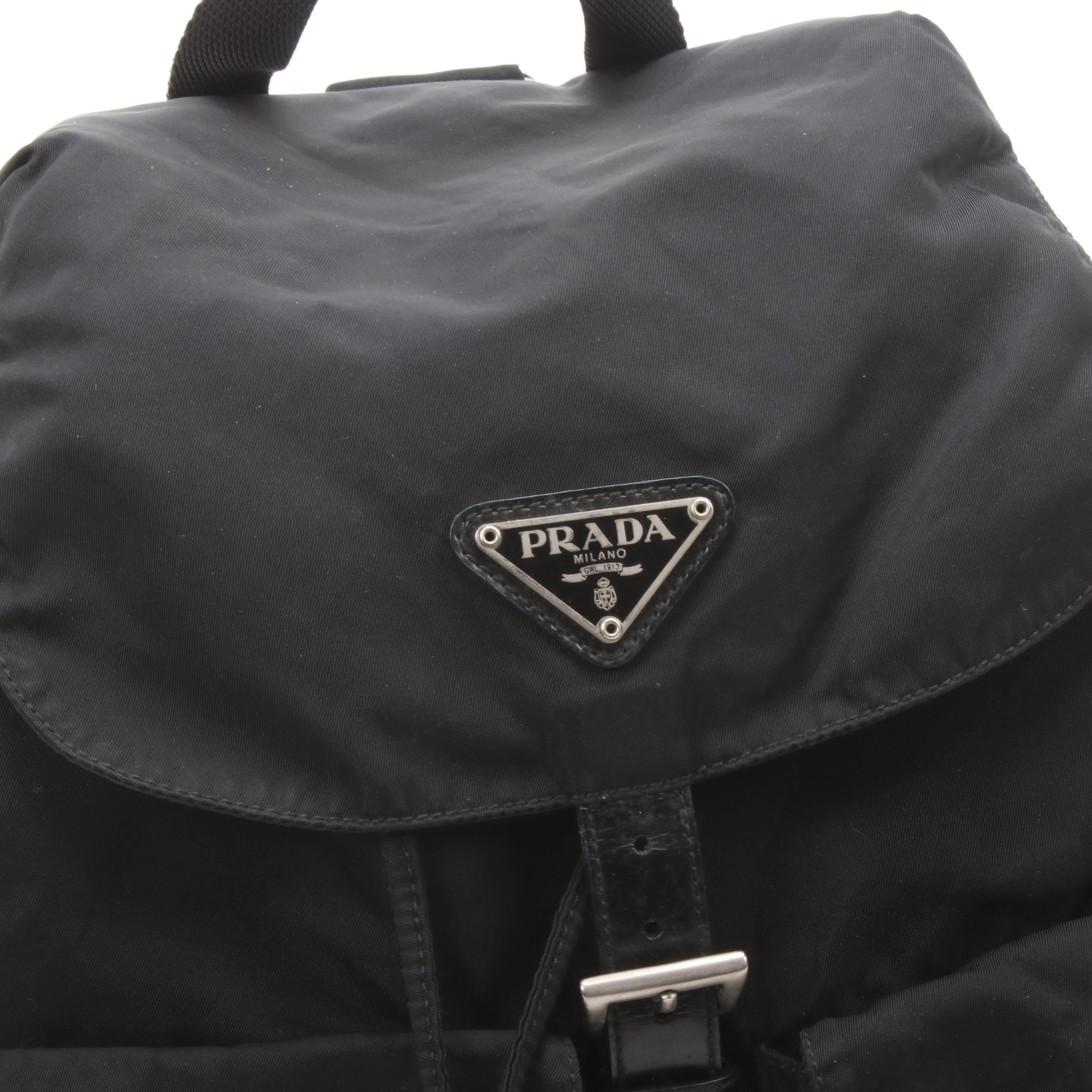 Prada Black Tessuto Nylon and Leather Backpack Purse