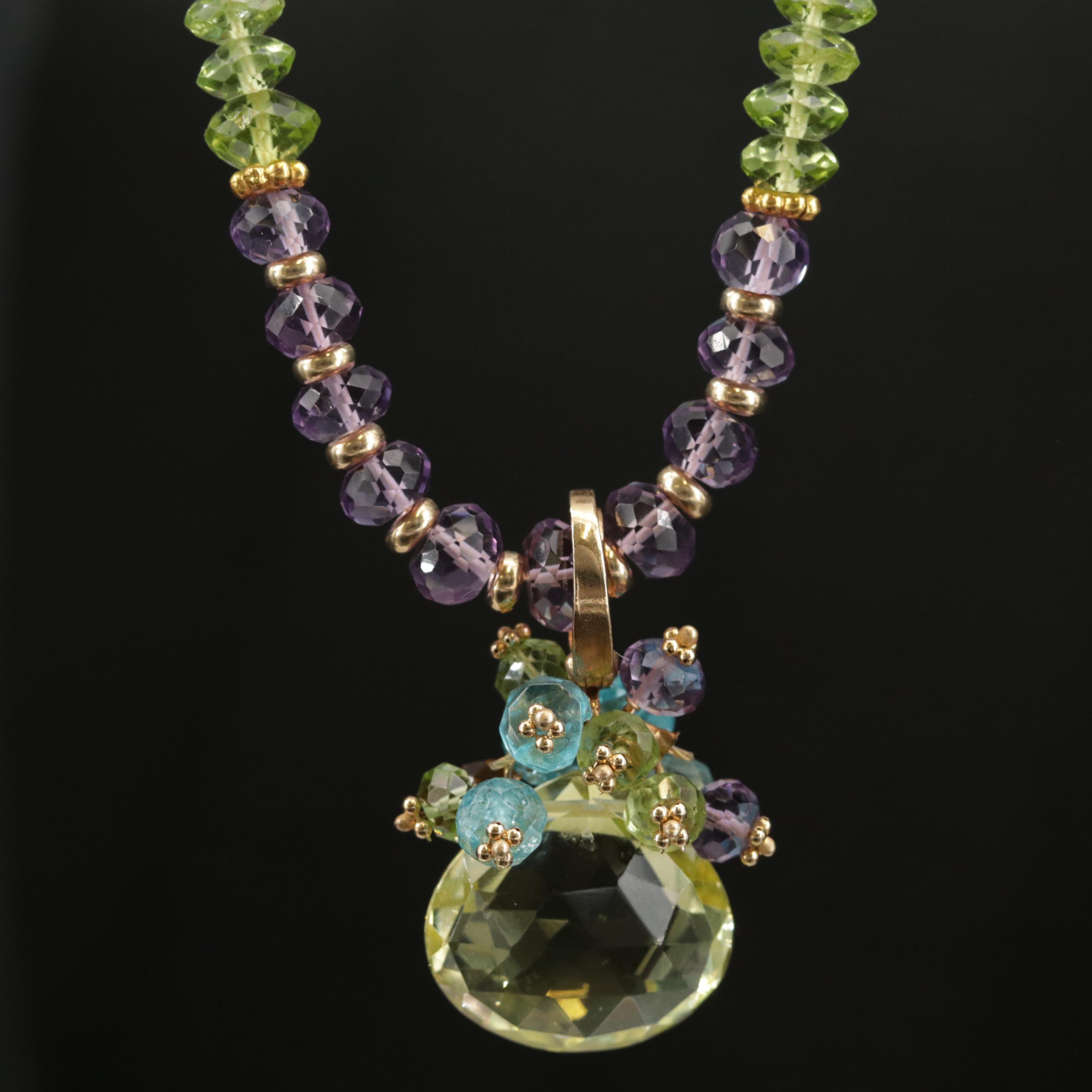 J. Daley Design 14K Yellow Gold Peridot and Gemstone Beaded Pendant Necklace