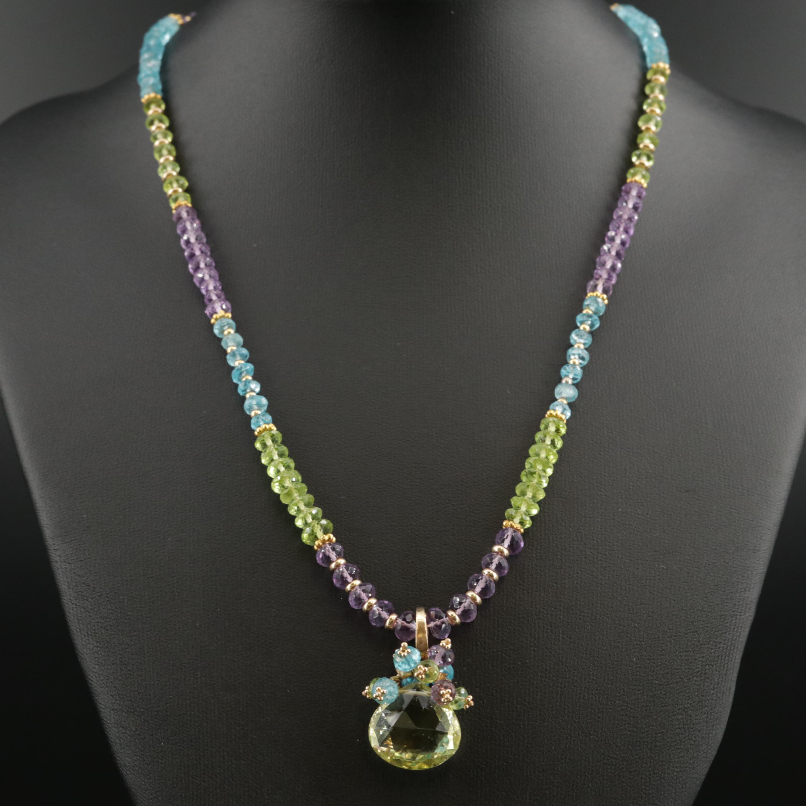 J. Daley Design 14K Yellow Gold Peridot and Gemstone Beaded Pendant Necklace