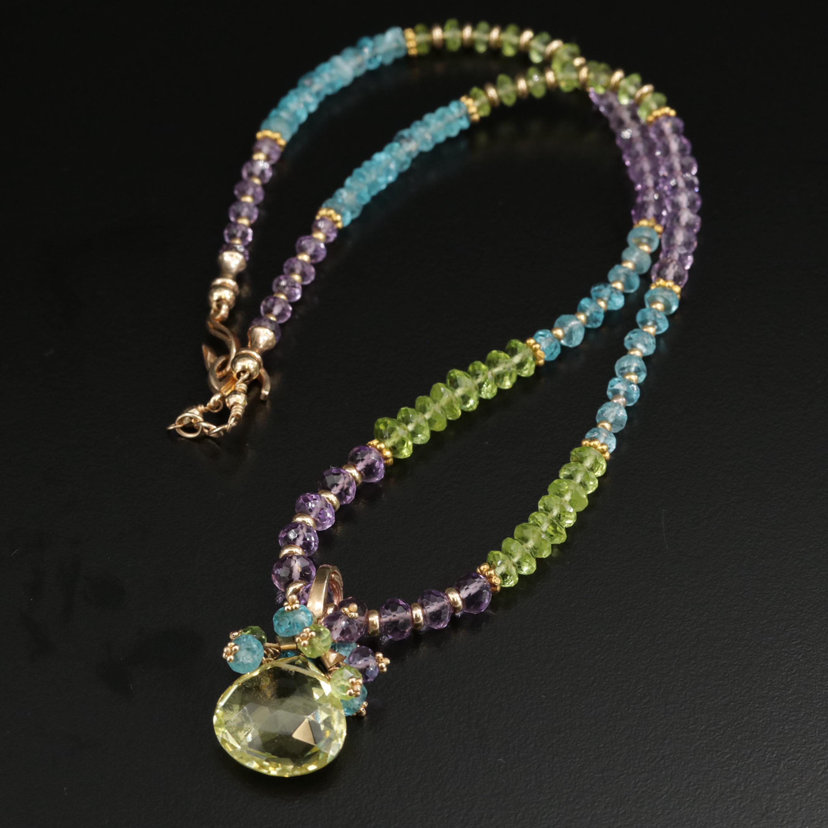 J. Daley Design 14K Yellow Gold Peridot and Gemstone Beaded Pendant Necklace