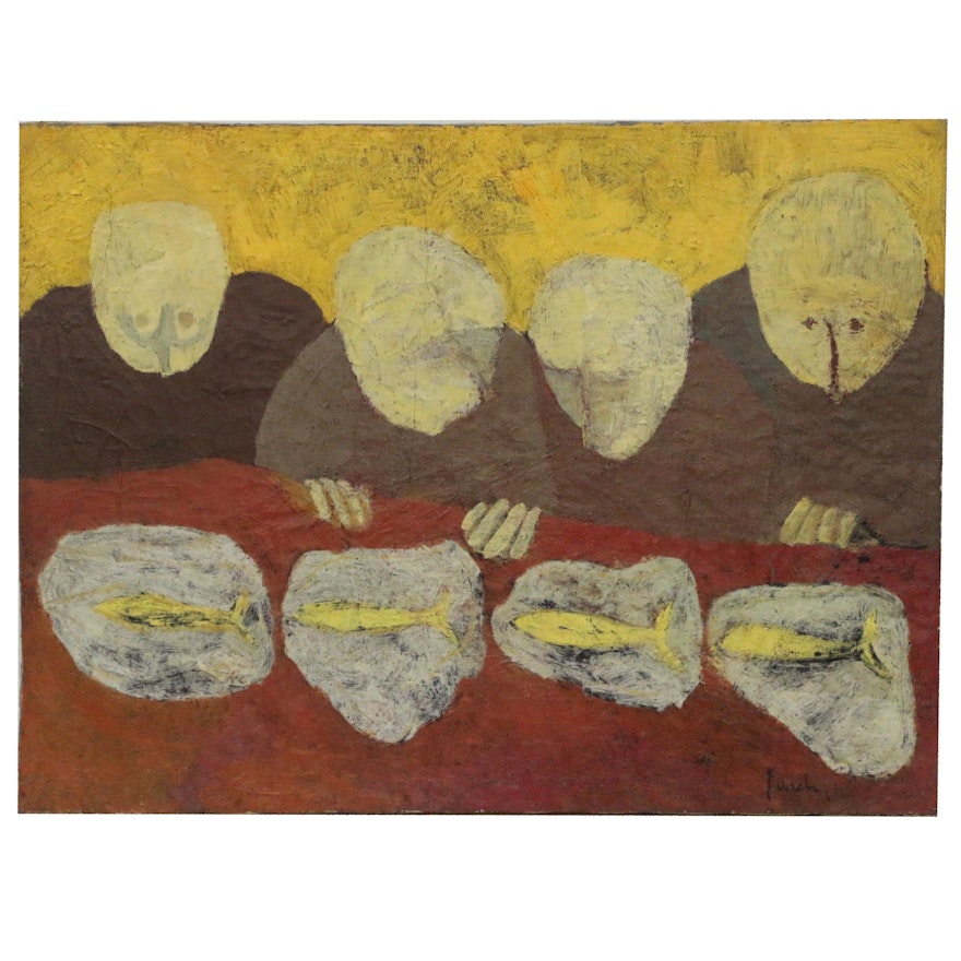 Attributed to Donald Purdy Modernist Abstract Oil Painting with Figures