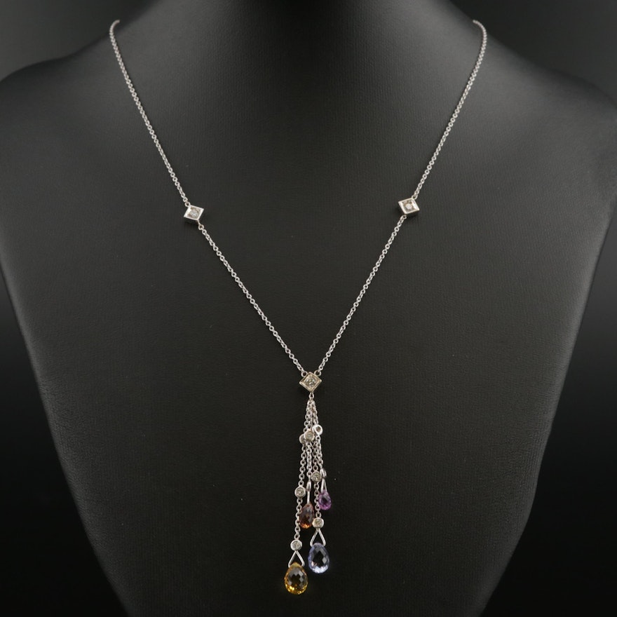 18K White Gold Sapphire and Diamond Pendant Necklace Featuring Tassel Motif