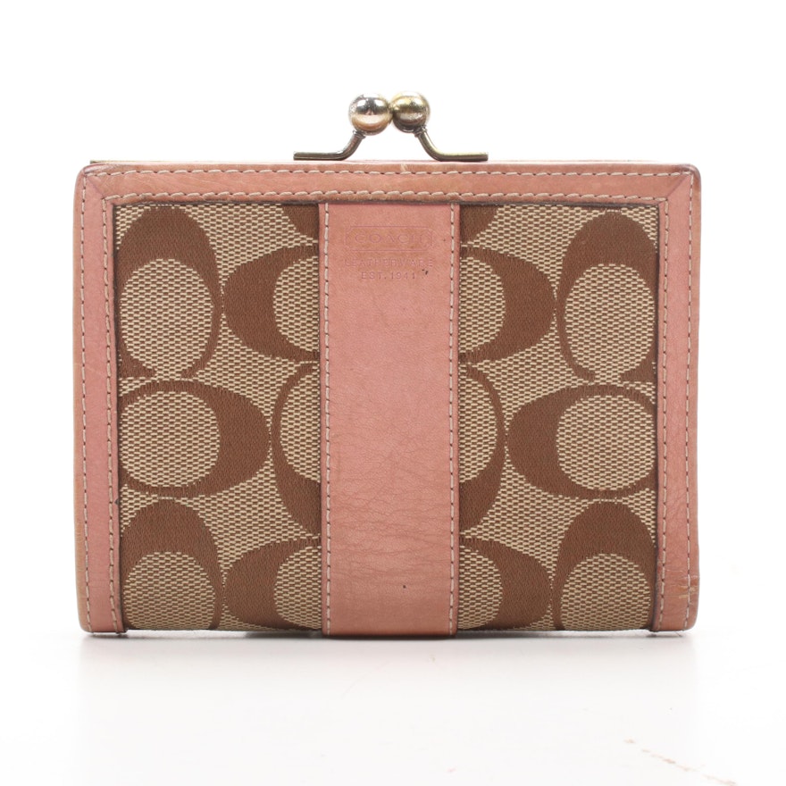 Coach Signature Canvas and Blush Pink Leather Kiss Lock Wallet