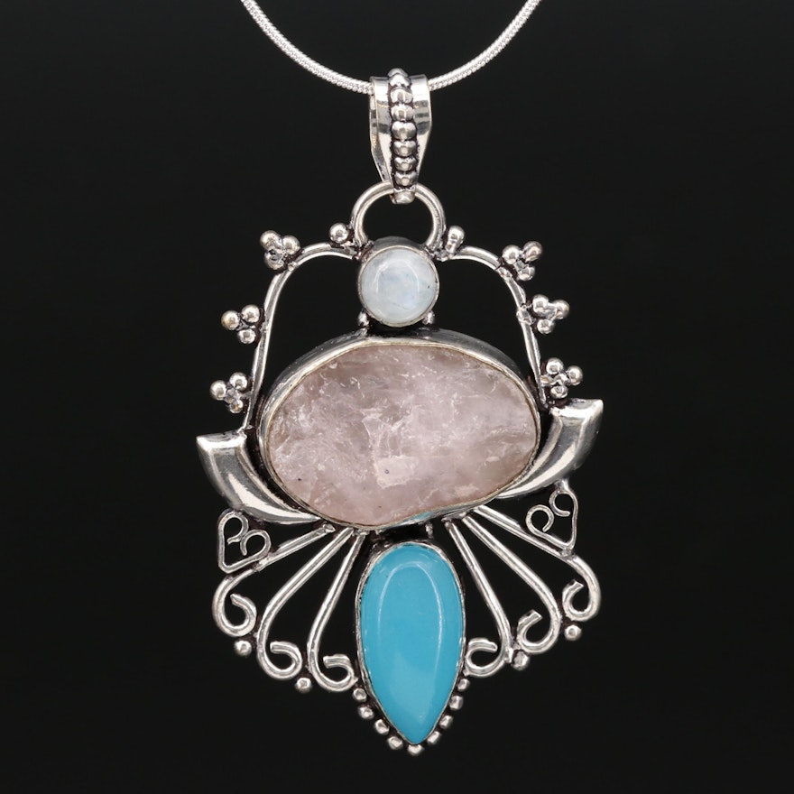 Sterling Rose Quartz, Moonstone and Chalcedony Pendant Necklace