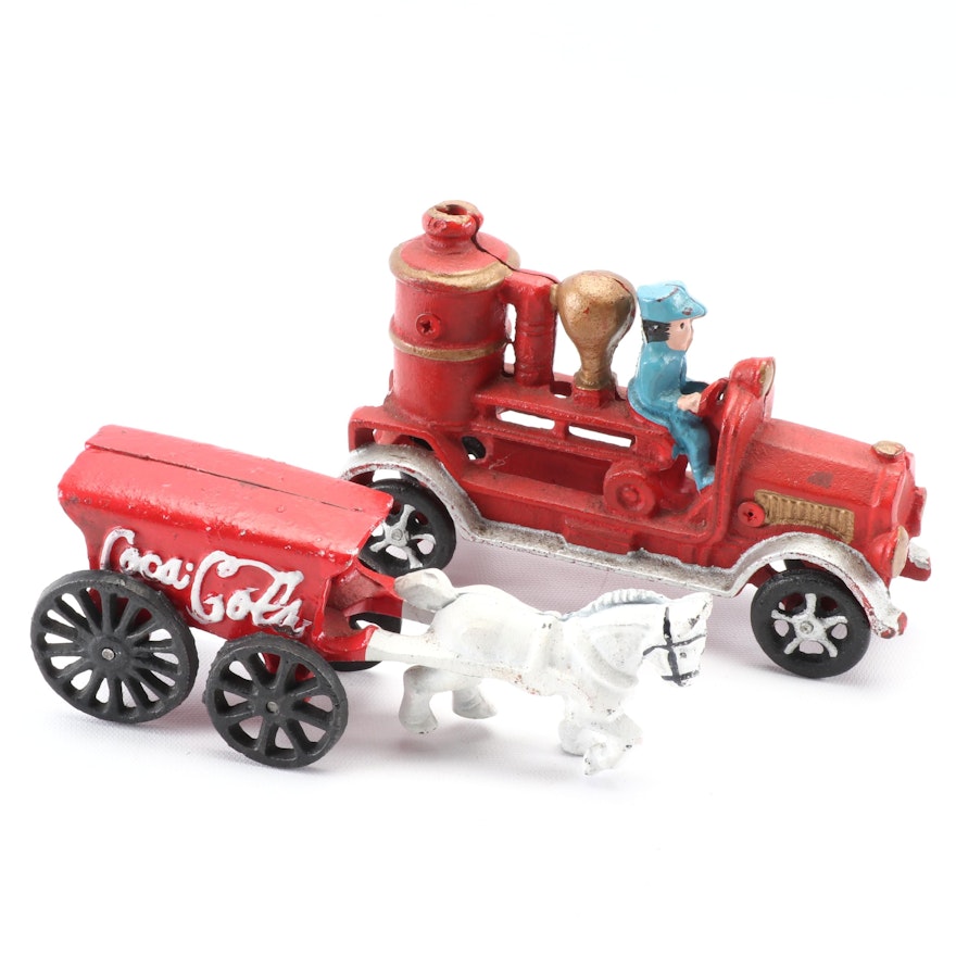 Reproduction Cast Iron Fire Engine and Coca-Cola Horse Drawn Wagon Toys
