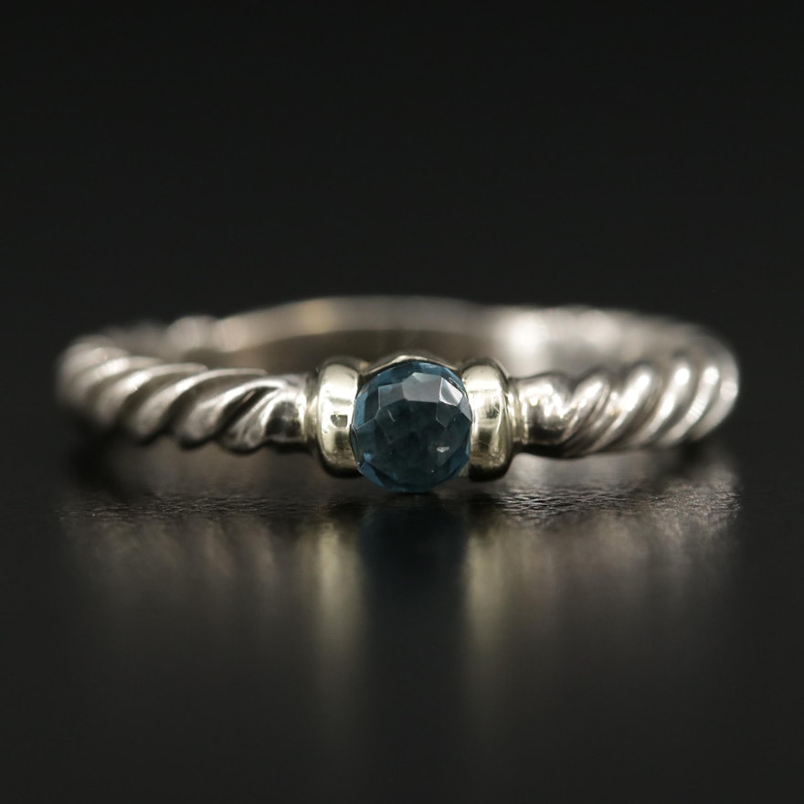 David Yurman Sterling Silver Blue Topaz Cable Ring With 14K Gold Accents