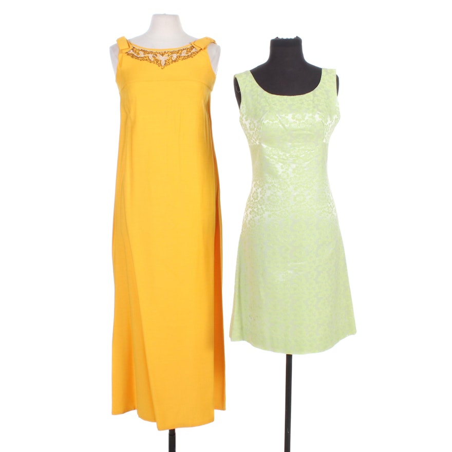 Spiegel Green Damask Dress and Other Beaded Yellow Sleeveless Dress, Vintage