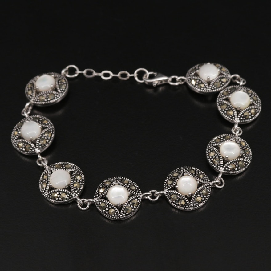 Sterling Silver Mother of Pearl and Marcasite Bracelet