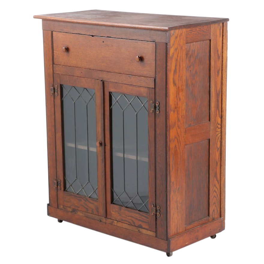 Arts & Crafts Oak Cupboard with Leaded Glass, Early 20th Century