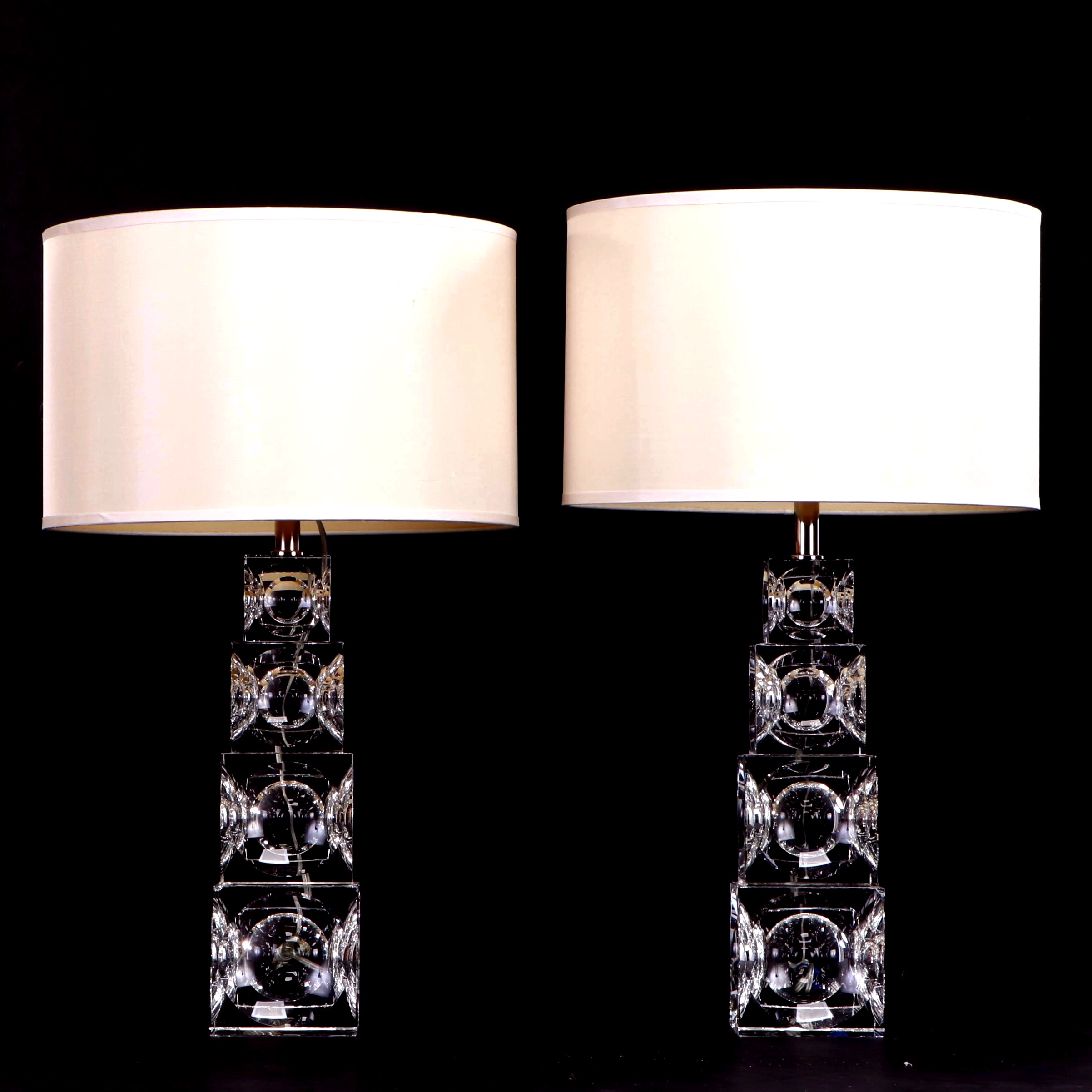 Simon Pearce Graduated Stacked Glass Cubes Table Lamp Pair