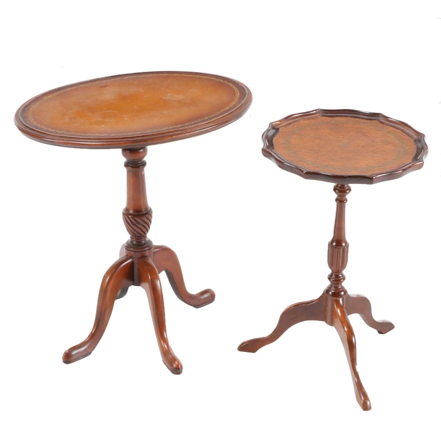 George III Style Mahogany Embossed Leather Top Candlestands, Mid-20th Century