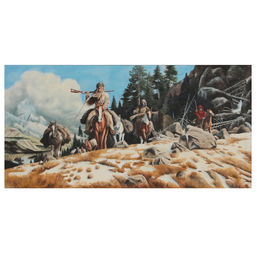 Western Genre Scene Oil Painting Attributed to Ernst Bartenberger of Trappers