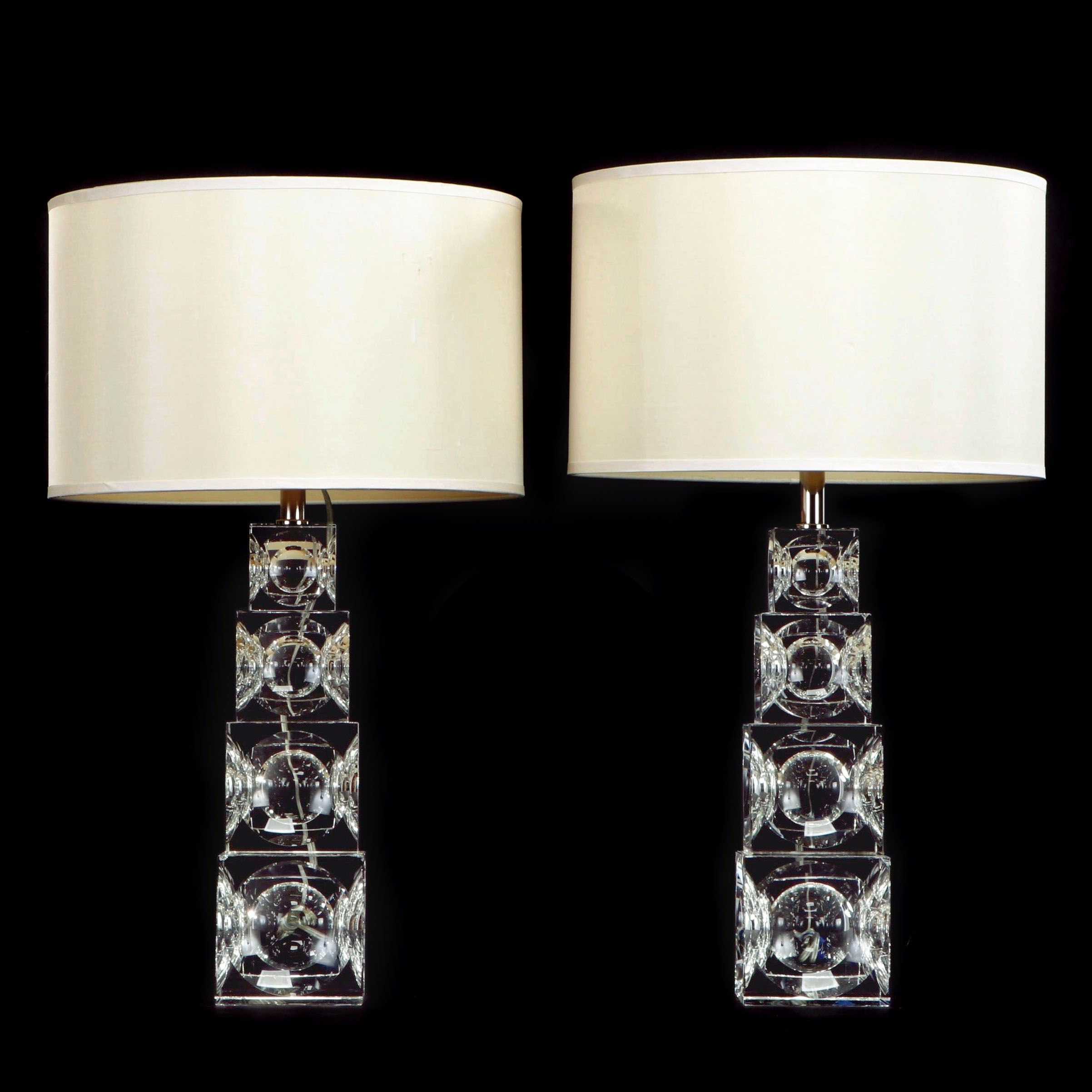 Simon Pearce Graduated Stacked Glass Cubes Table Lamp Pair