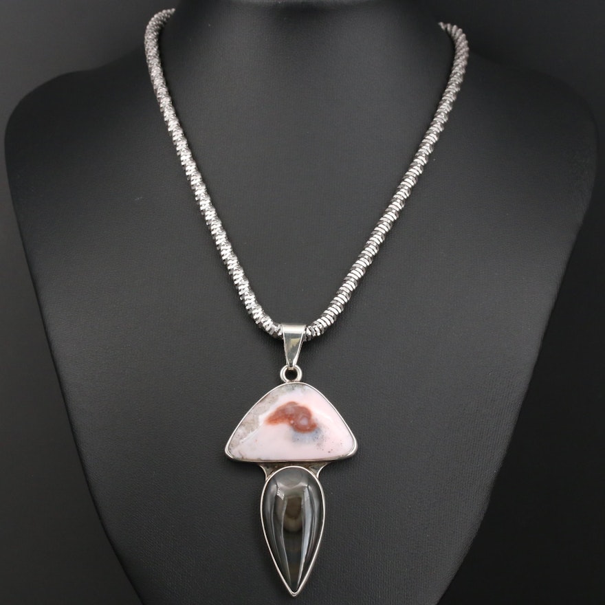 Sterling Silver Rainbow Obsidian and Agate Pendant Necklace