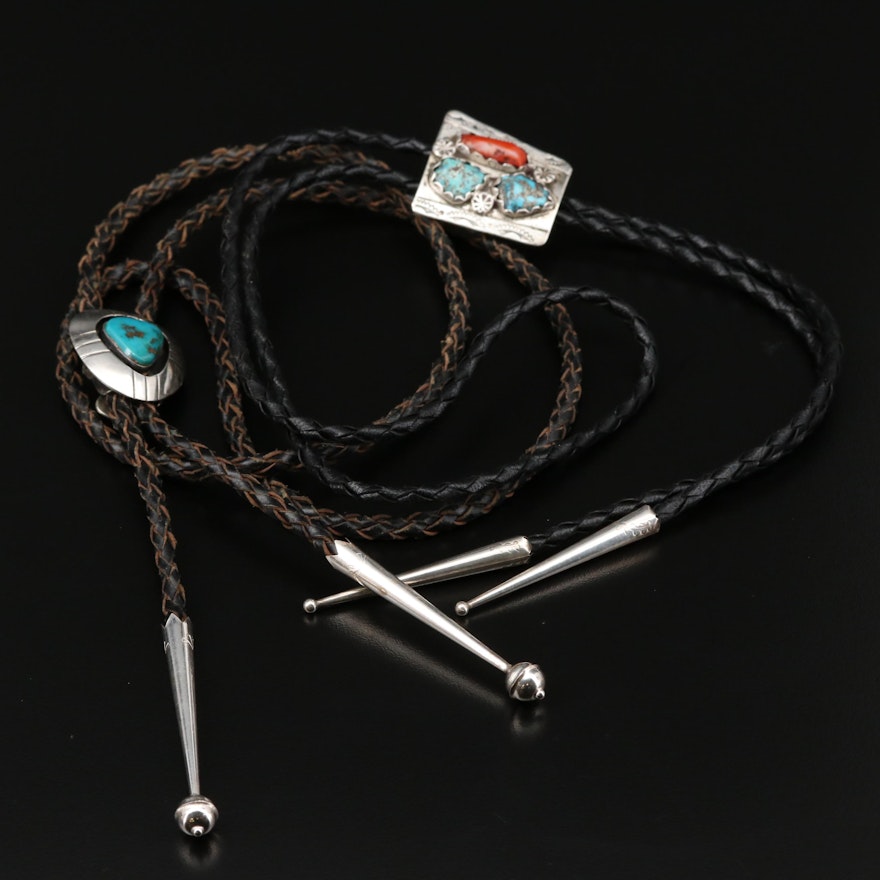 Sterling Silver Bolo Ties with Turquoise and Coral