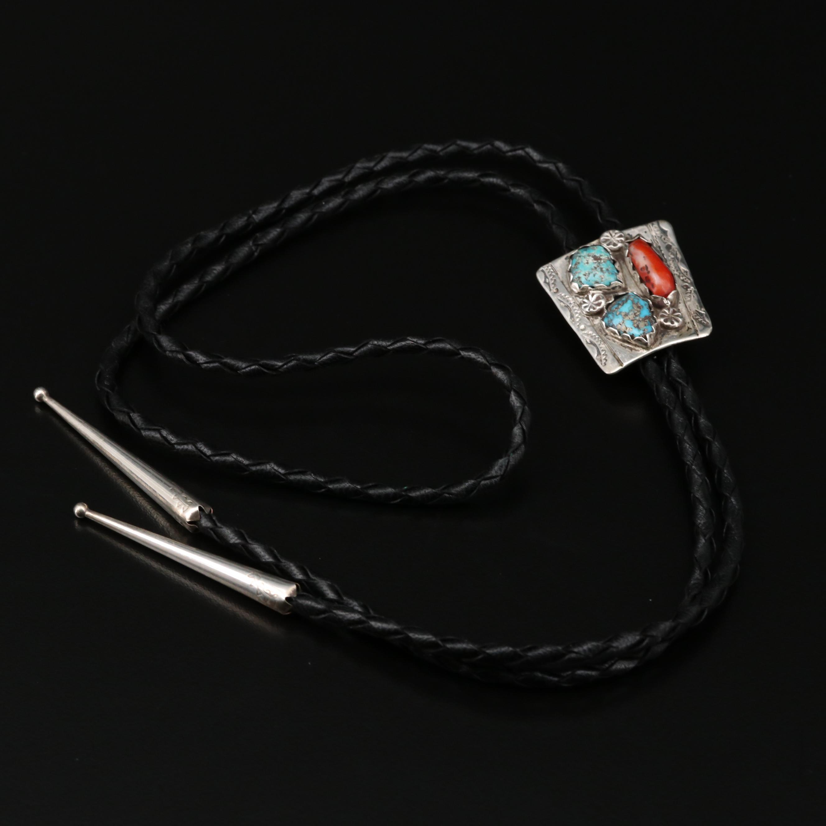 Sterling Silver Bolo Ties with Turquoise and Coral