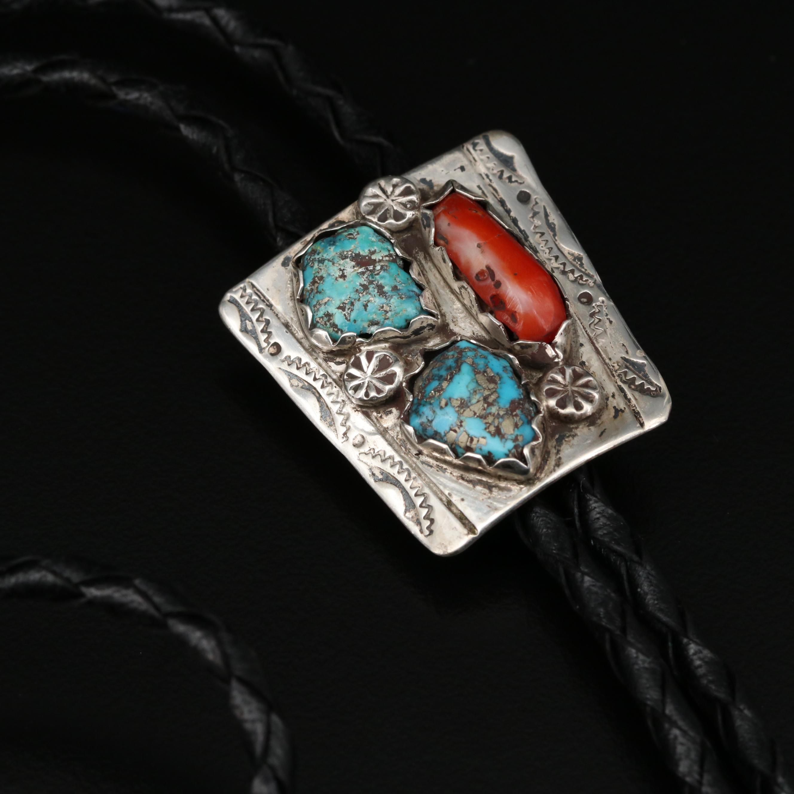 Sterling Silver Bolo Ties with Turquoise and Coral