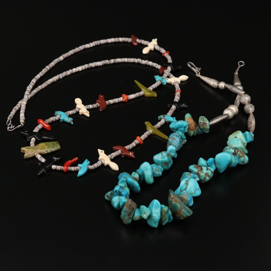 Sterling Silver Turquoise, Jasper and Shell Fetish and Beaded Necklace