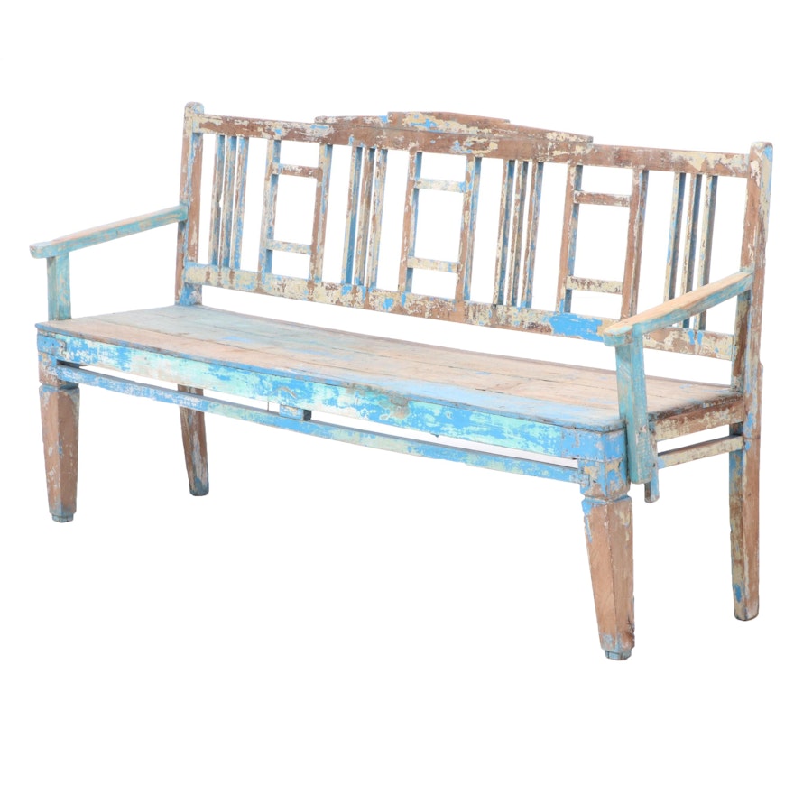 Holland Painted Elm Garden Bench, Early 20th Century