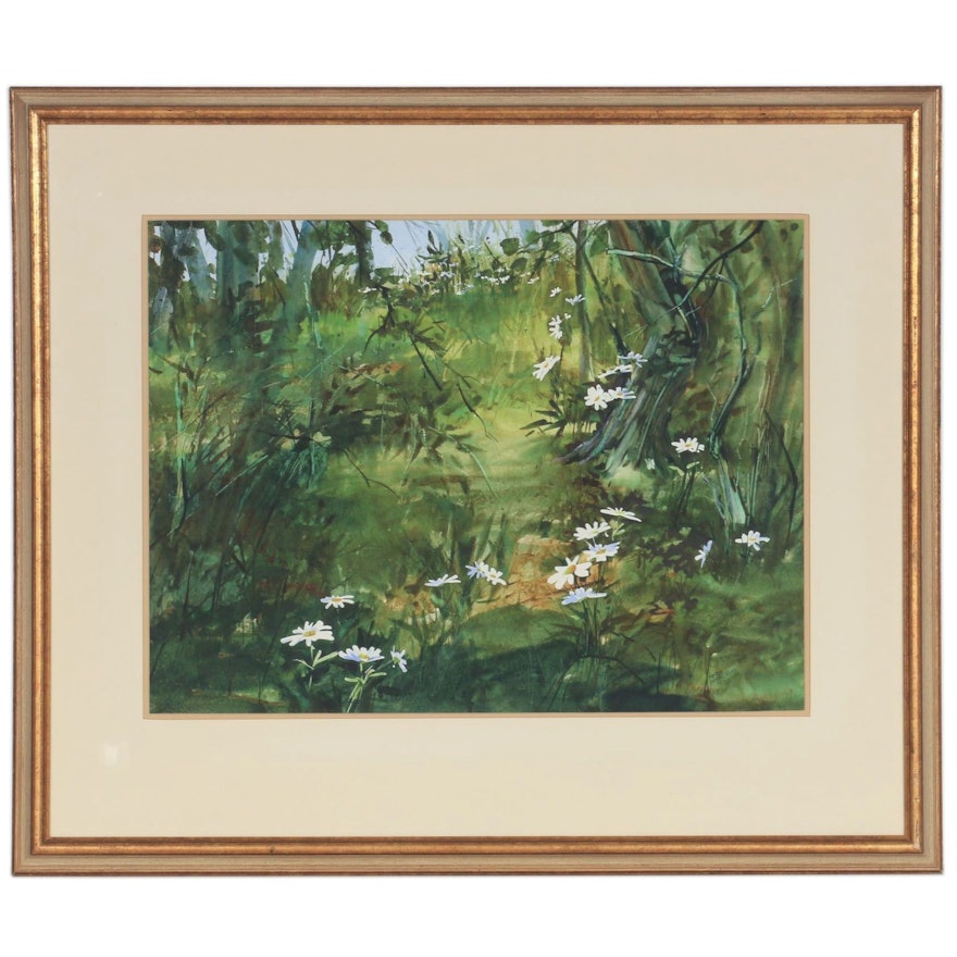 Sharon Wesner Forest Scene with Wildflowers Watercolor Painting, 1971