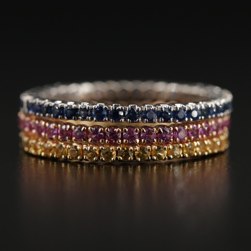 18K White, Yellow and Rose Gold Ruby and Sapphire Stacking Eternity Bands