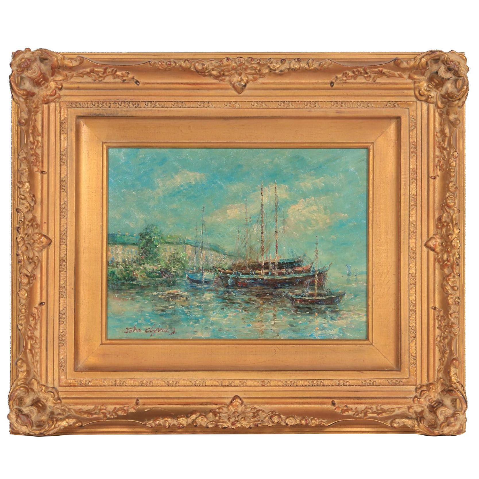 John Clymer Impressionist Style Harbor Scene Oil Painting