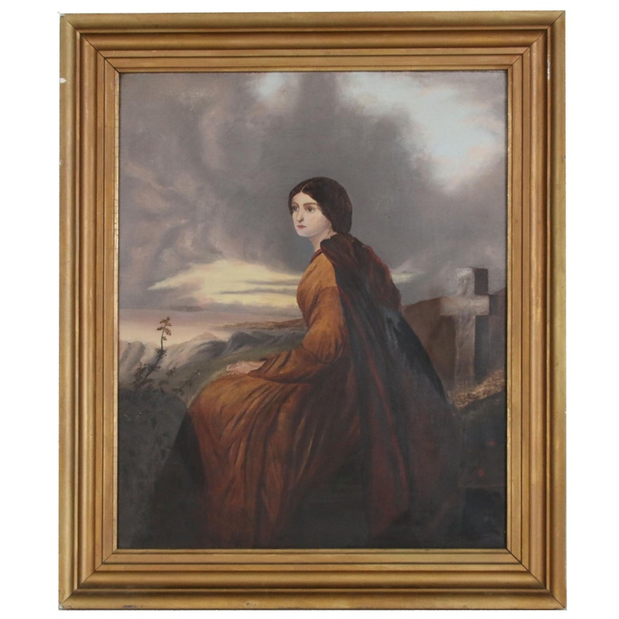 Portrait Oil Painting of a Woman in a Red Cape , Early 20th Century