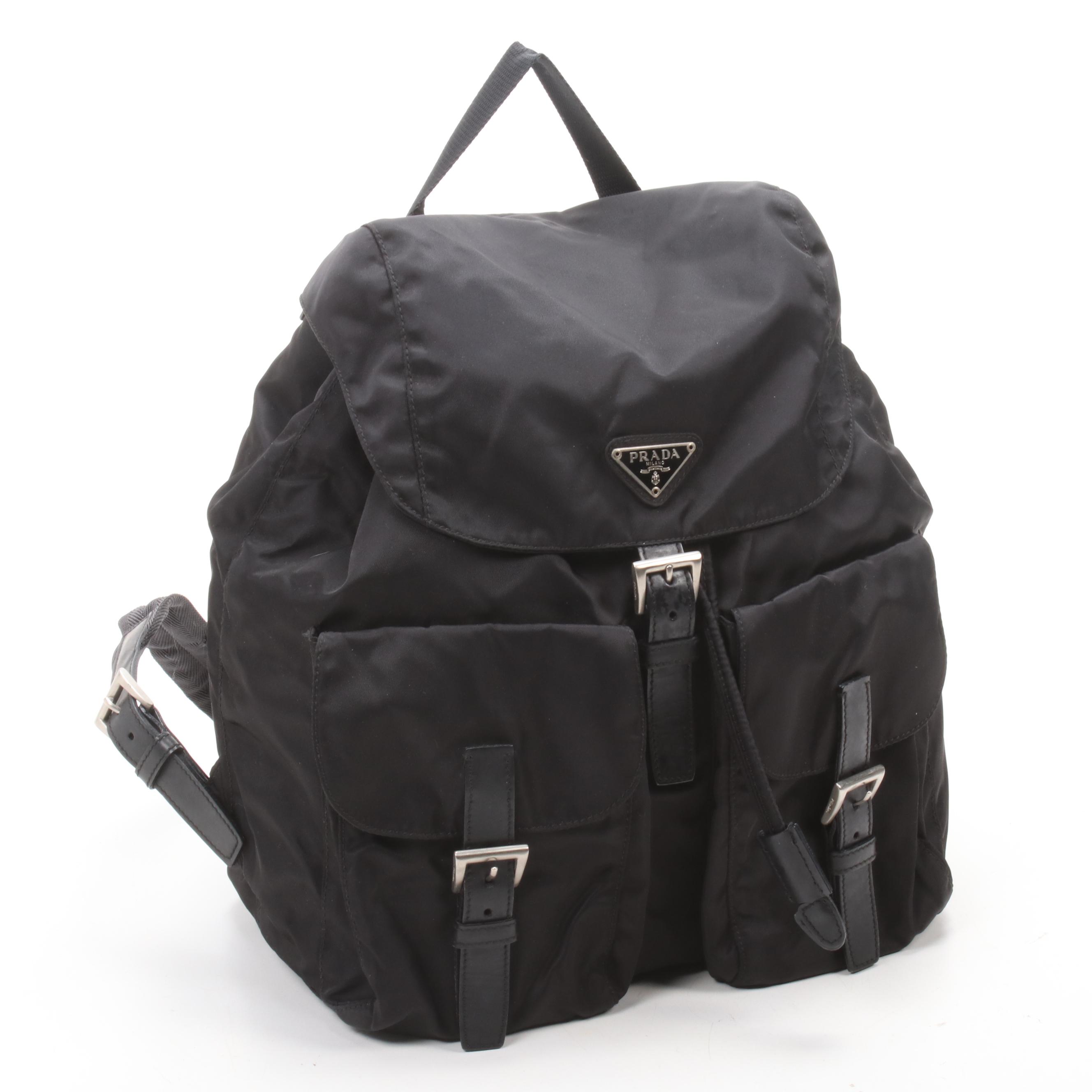 Prada Black Tessuto Nylon and Leather Drawstring Backpack