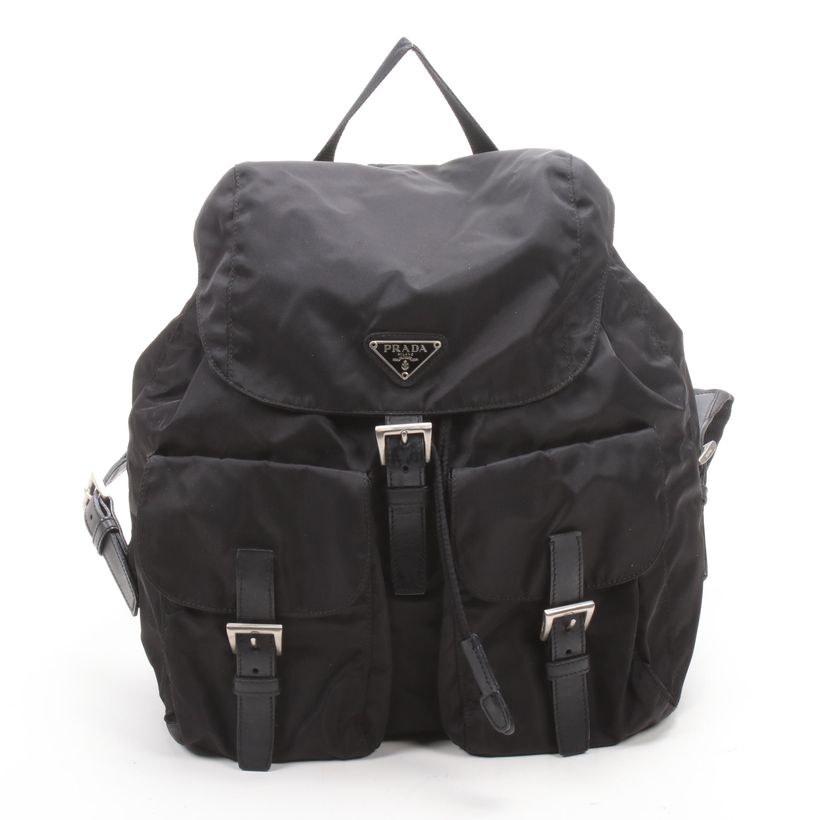 Prada Black Tessuto Nylon and Leather Drawstring Backpack