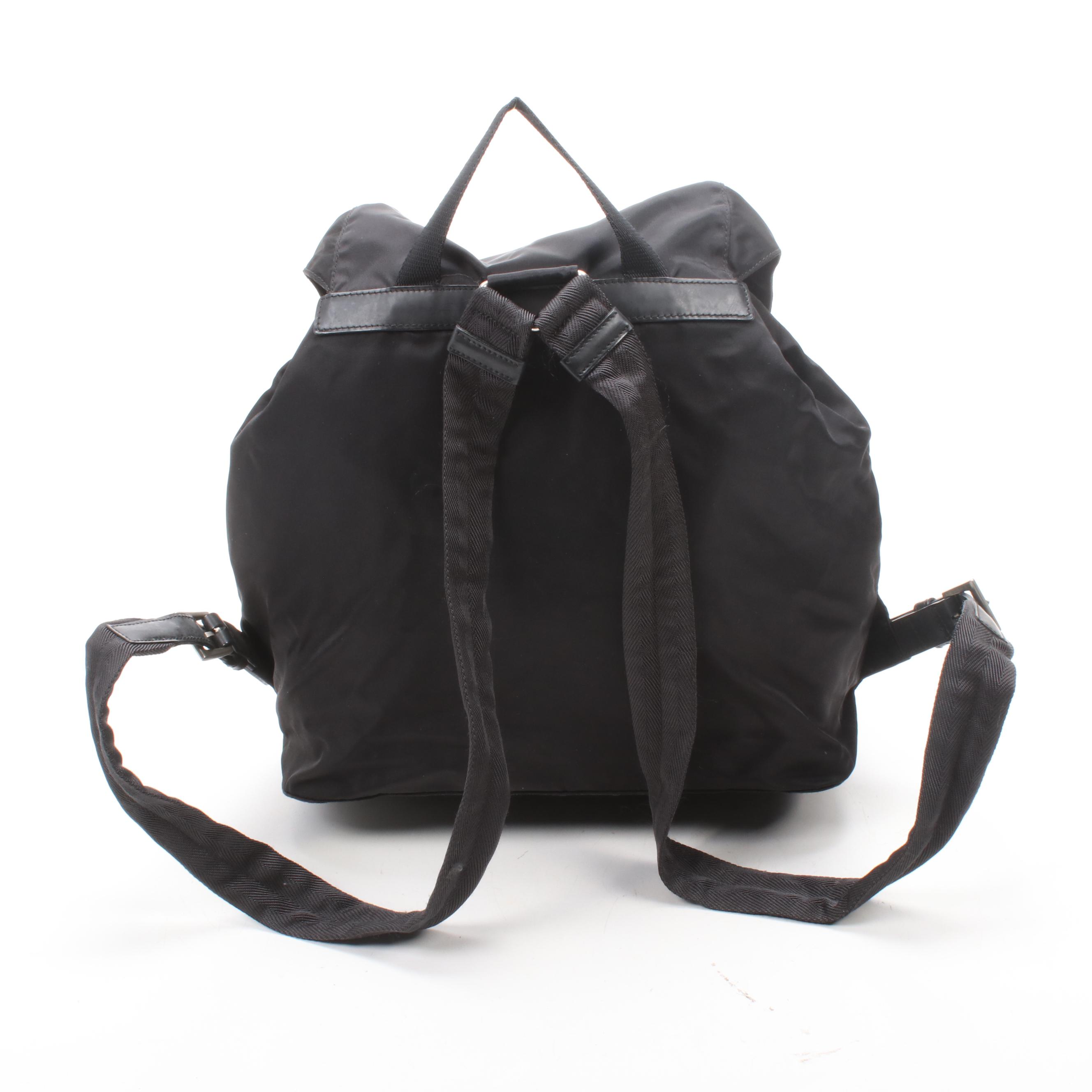 Prada Black Tessuto Nylon and Leather Drawstring Backpack