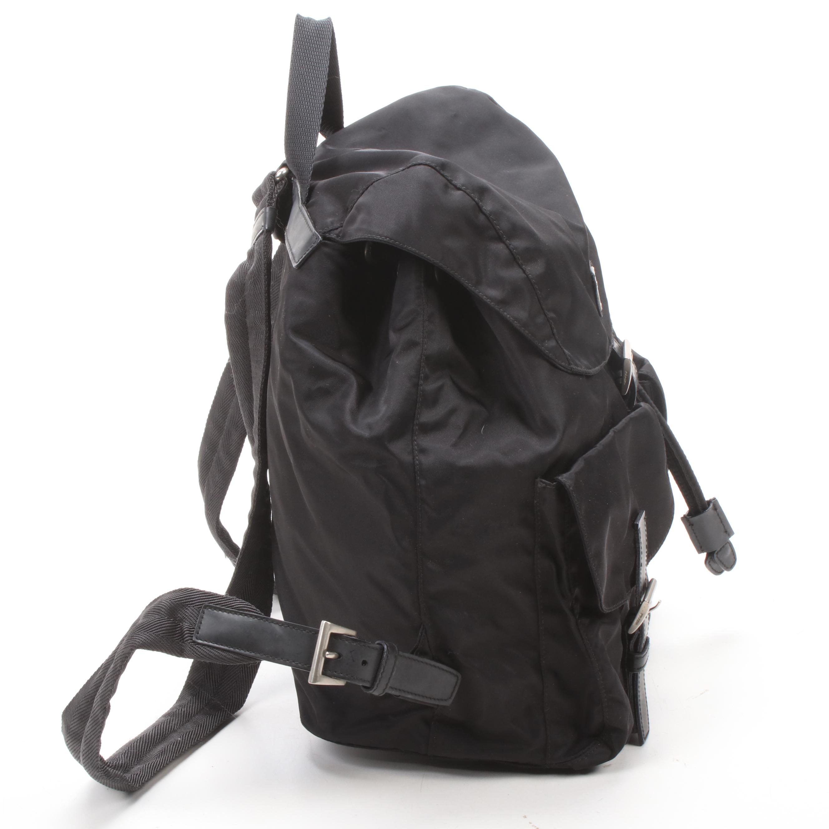 Prada Black Tessuto Nylon and Leather Drawstring Backpack