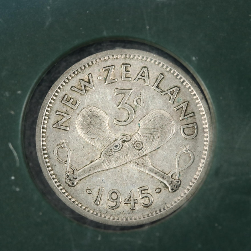 1945 Silver George VI New Zealand 3-Pence Coin