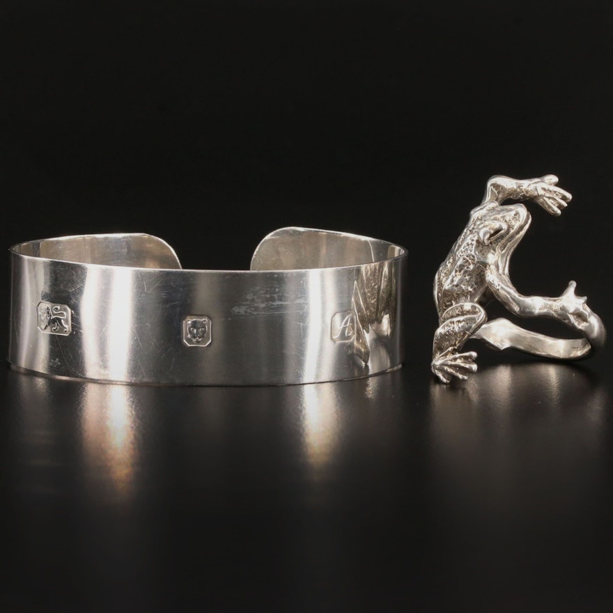 Vintage Sterling Silver Figural Frog Ring and Cuff Bracelet