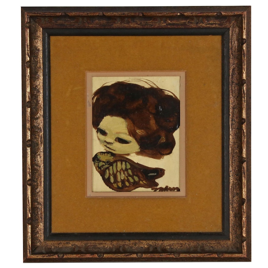 Portrait Oil Painting of Woman and Owl, Mid 20th Century