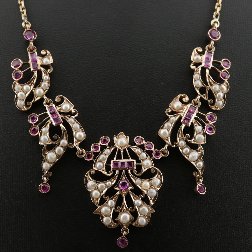 Circa 1910 14K Gold Ruby and Pearl Bib Necklace