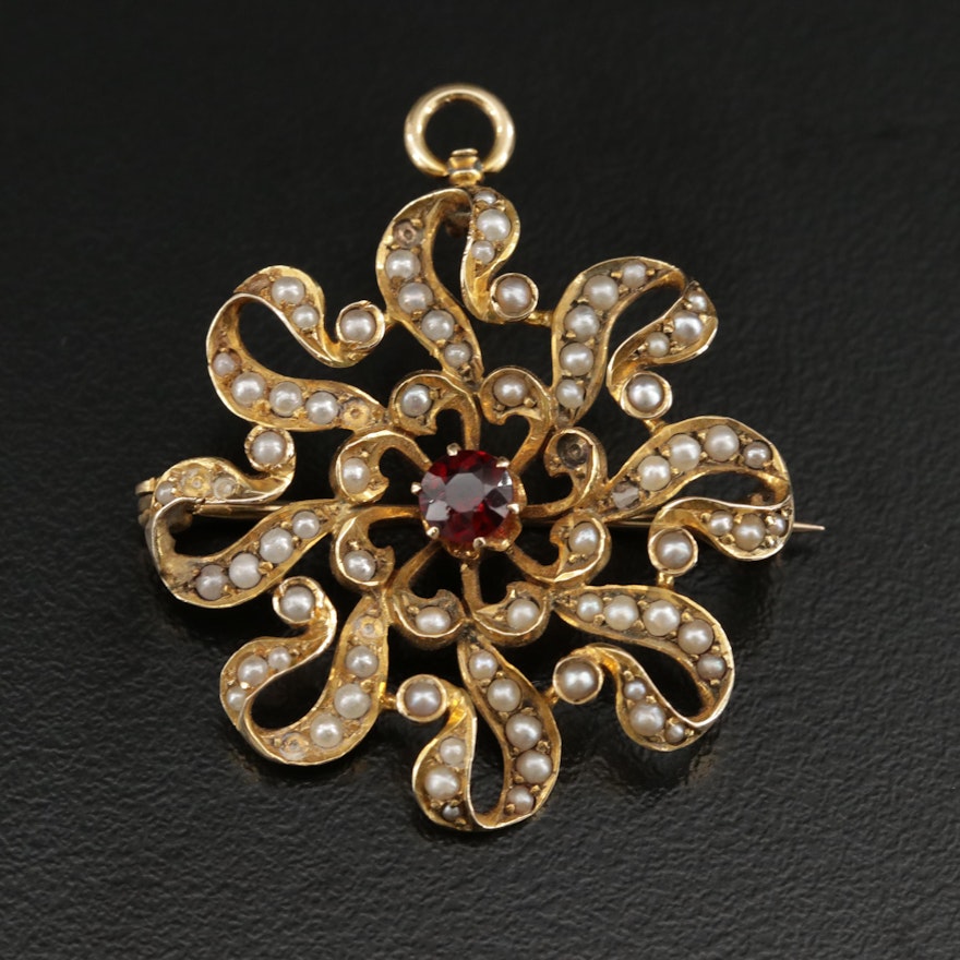 Circa 1910 14K Gold Garnet and Pearl Converter Brooch