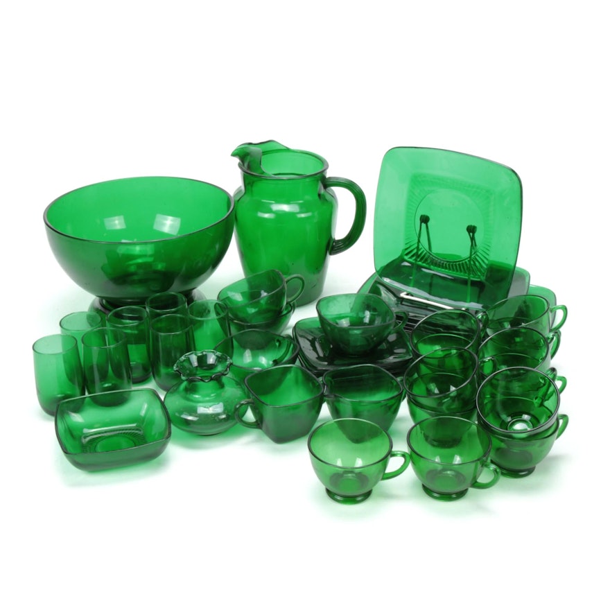 Anchor Hocking "Charm Forest Green" Glass Tableware, 1950s