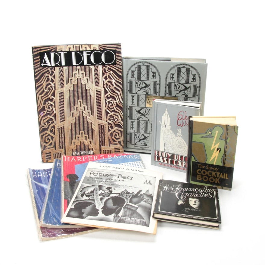 Art Deco and 1930s Themed Books and Magazines Including Harper's Bazaar